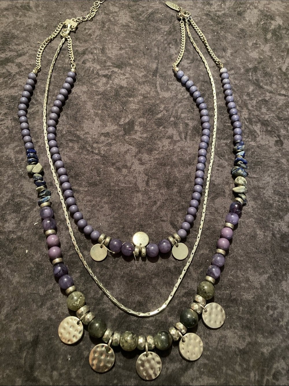Triple-Layer Purple Beaded Necklace with Hammered Silver Tone Discs